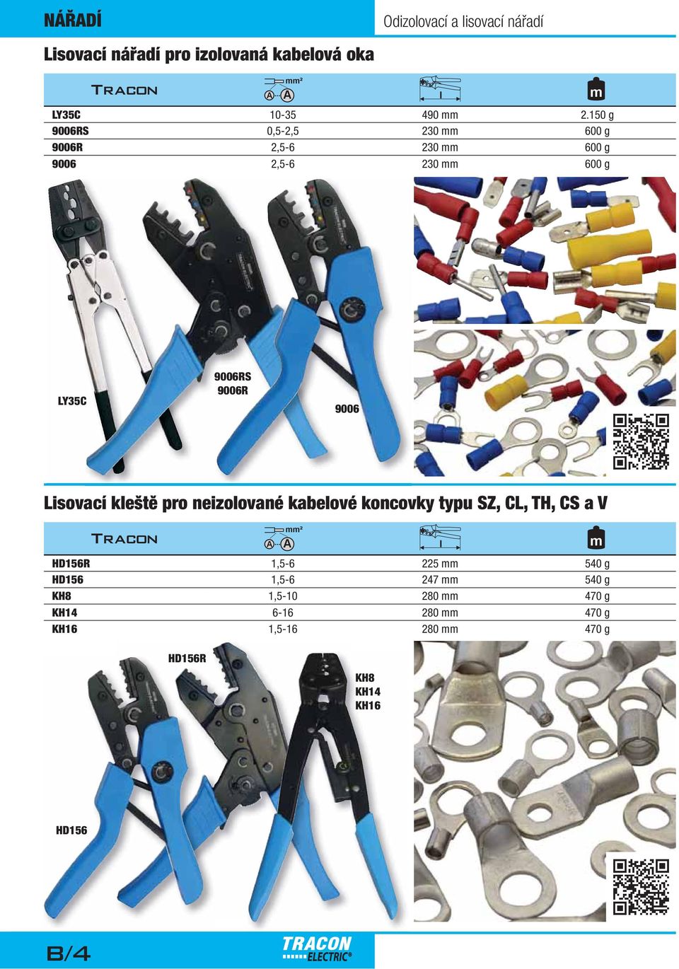 Lisovací kleště pro neizolované kabelové koncovky typu SZ, CL, TH, CS a V l HD156R 1,5-6 225 540 g