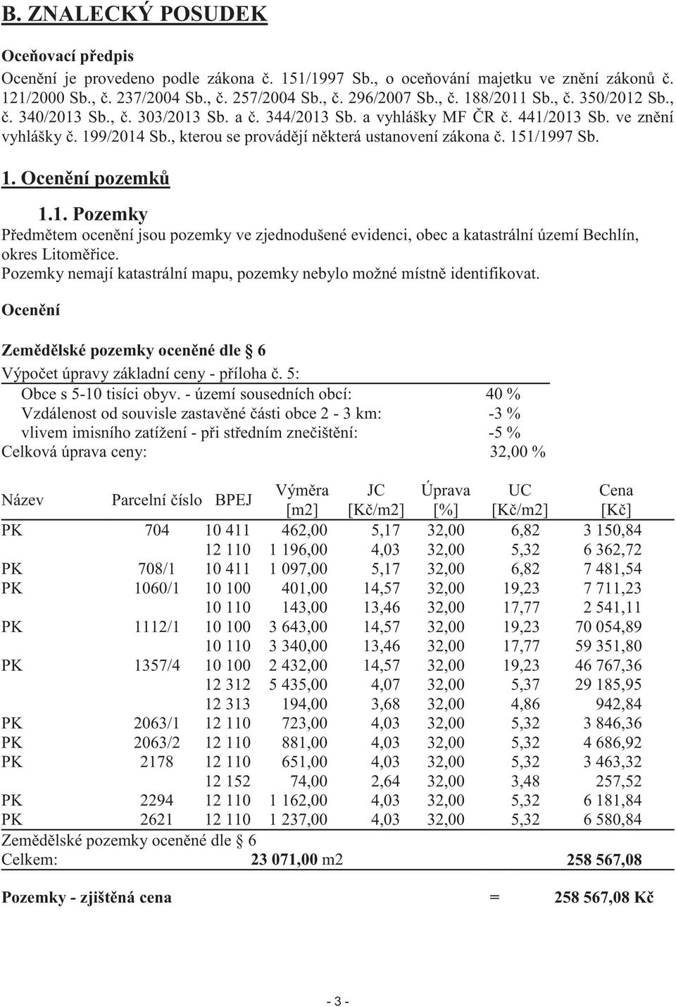 1. Ocenění pozemků 1.1. Pozemky Předmětem ocenění jsou pozemky ve zjednodušené evidenci, obec a katastrální území Bechlín, okres Litoměřice.