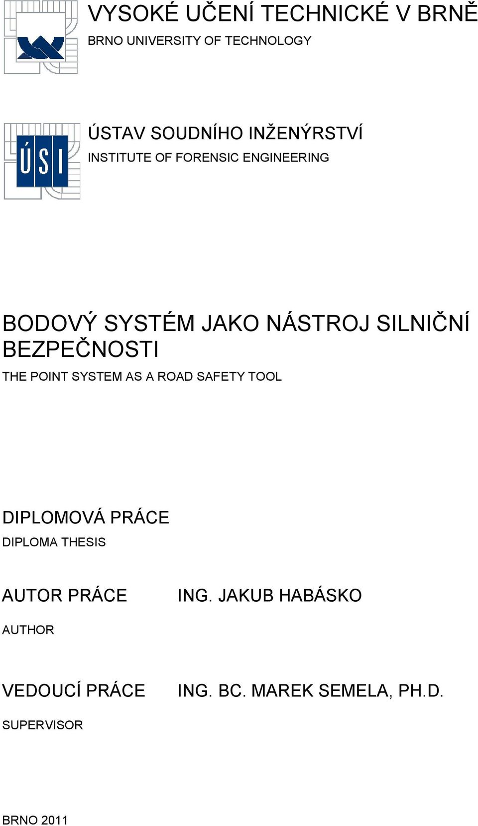 BEZPEČNOSTI THE POINT SYSTEM AS A ROAD SAFETY TOOL DIPLOMOVÁ PRÁCE DIPLOMA THESIS