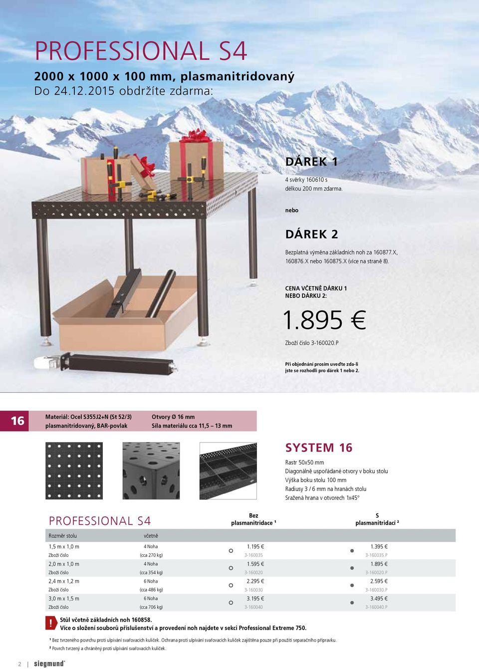 16 Materiál: Ocel S355J2+N (St 52/3) plasmanitridovaný, BAR-povlak Otvory Ø 16 mm Síla materiálu cca 11,5 13 mm SYSTEM 16 Rastr 50x50 mm Diagonálně uspořádané otvory v boku stolu Výška boku stolu 100