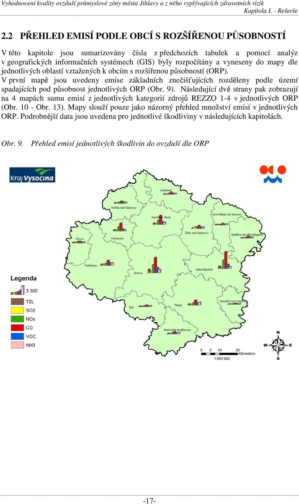 V první mapě jsou uvedeny emise základních znečišťujících rozděleny podle území spadajících pod působnost jednotlivých ORP (Obr. 9).