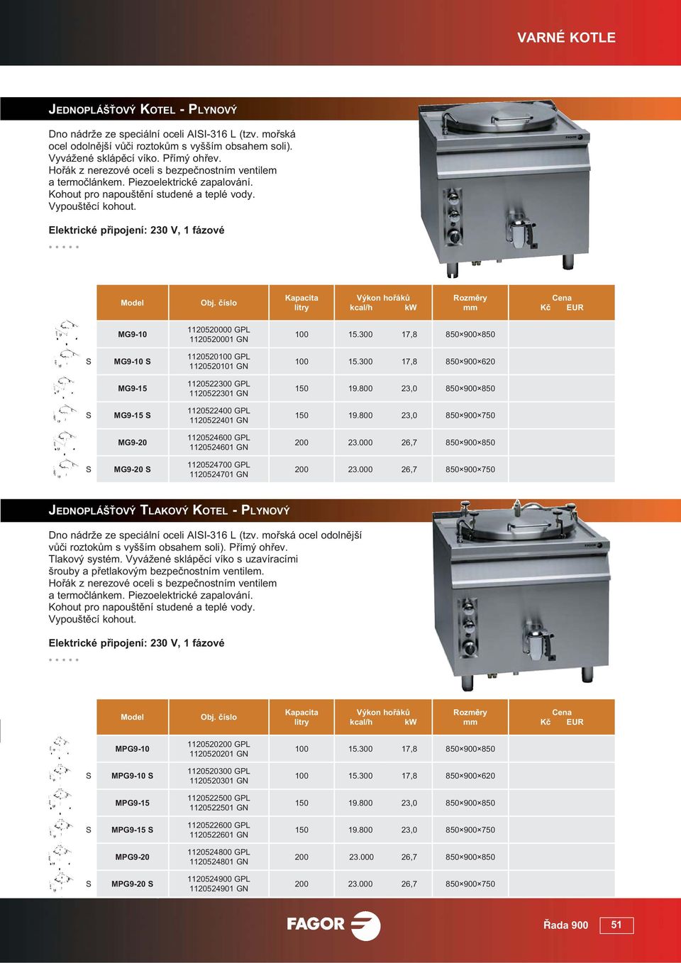 Elektrické p ipojení: 230 V, 1 fázové Kapacita litry Výkon ho ák kcal/h MG9-10 1120520000 GL 1120520001 GN 100 15.300 17,8 850 900 850 S MG9-10 S 1120520100 GL 1120520101 GN 100 15.
