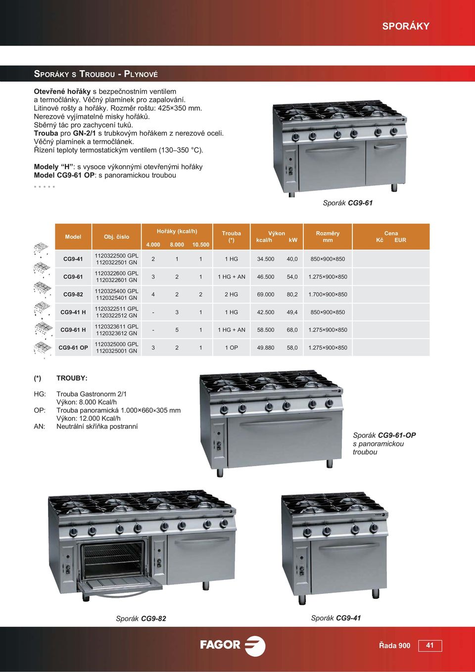 y H : s vysoce výkonnými otev enými ho áky CG9-61 O: s panoramickou troubou Sporák CG9-61 Ho áky (kcal/h) 4.000 8.000 10.500 Trouba (*) Výkon kcal/h CG9-41 1120322500 GL 1120322501 GN 2 1 1 1 HG 34.
