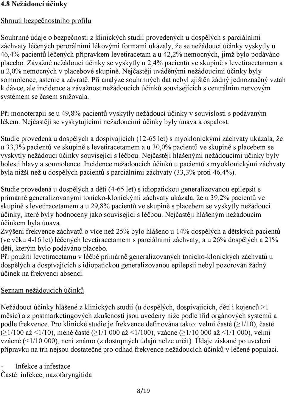 Závažné nežádoucí účinky se vyskytly u 2,4% pacientů ve skupině s levetiracetamem a u 2,0% nemocných v placebové skupině. Nejčastěji uváděnými nežádoucími účinky byly somnolence, astenie a závratě.
