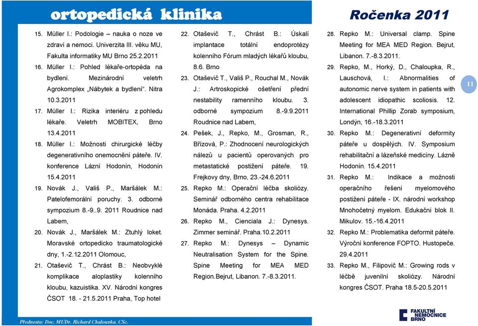 : Pohled lékaře-ortopéda na 8.6. Brno 29. Repko, M., Horký, D., Chaloupka, R., bydlení. Mezinárodní veletrh Agrokomplex Nábytek a bydlení. Nitra 23. Otaševič T., Vališ P., Rouchal M., Novák J.