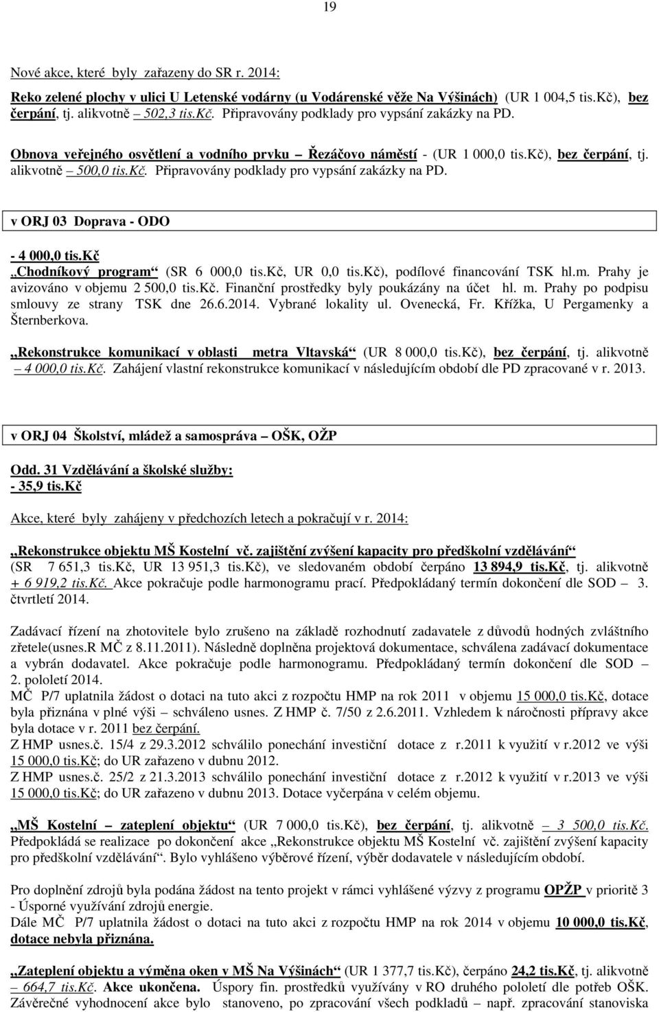 v ORJ 03 Doprava - ODO - 4 000,0 tis.kč Chodníkový program (SR 6 000,0 tis.kč, UR 0,0 tis.kč), podílové financování TSK hl.m. Prahy je avizováno v objemu 2 500,0 tis.kč. Finanční prostředky byly poukázány na účet hl.