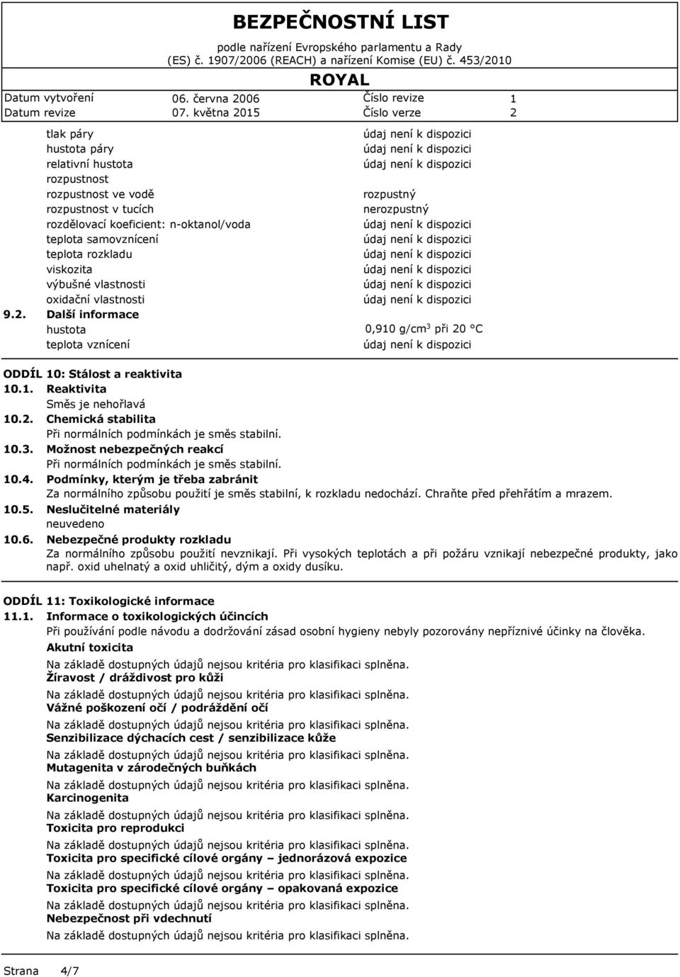 vlastnosti oxidační vlastnosti Další informace hustota teplota vznícení rozpustný nerozpustný 0,90 g/cm 3 při 0 C ODDÍL 0: Stálost a reaktivita 0.. Reaktivita Směs je nehořlavá 0.