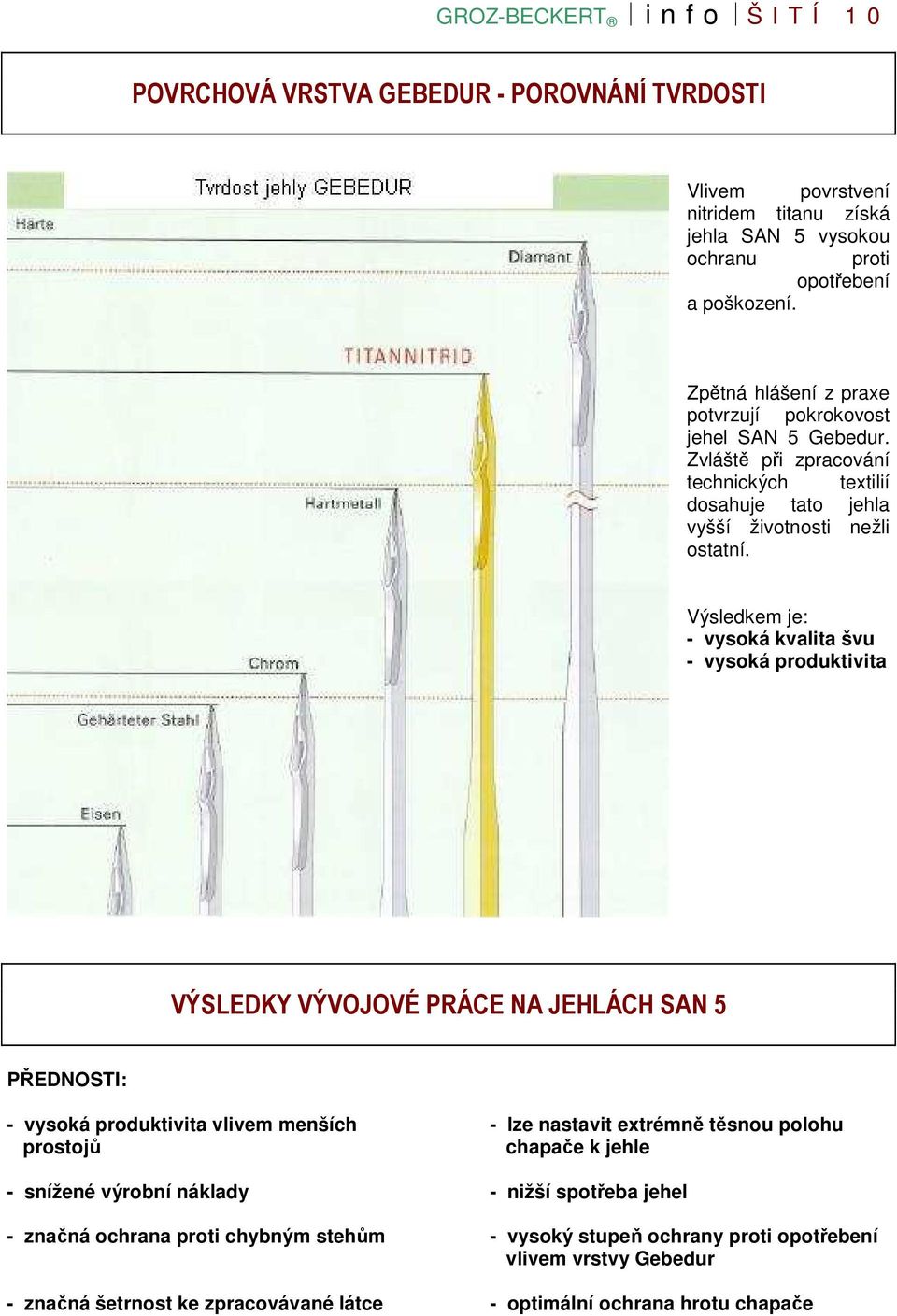 Výsledkem je: - vysoká kvalita švu - vysoká produktivita VÝSLEDKY VÝVOJOVÉ PRÁCE NA JEHLÁCH SAN 5 PŘEDNOSTI: - vysoká produktivita vlivem menších - lze nastavit extrémně těsnou polohu