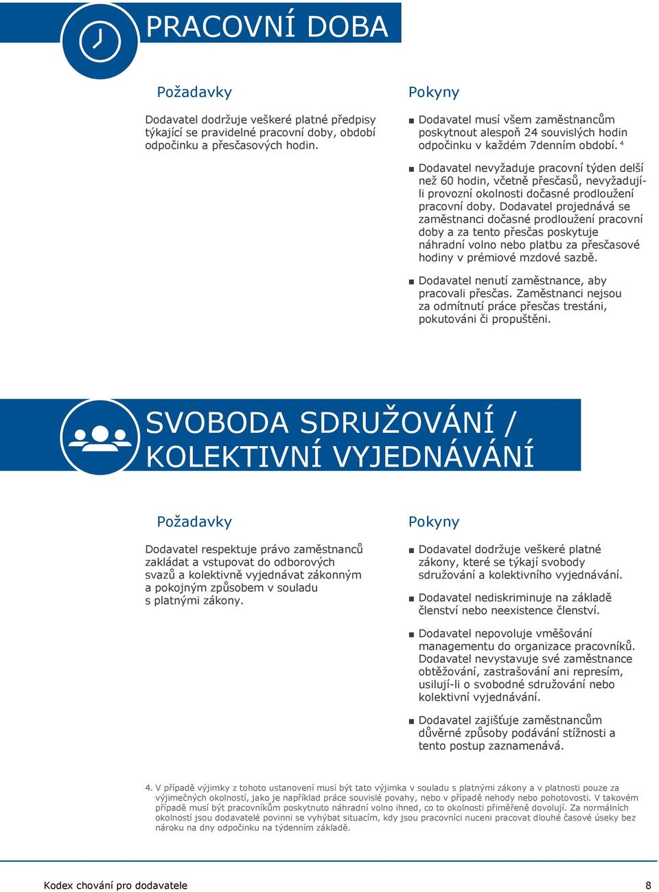 4 Dodavatel nevyžaduje pracovní týden delší než 60 hodin, včetně přesčasů, nevyžadujíli provozní okolnosti dočasné prodloužení pracovní doby.