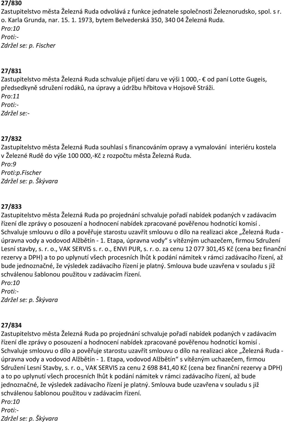 27/832 Zastupitelstvo města Železná Ruda souhlasí s financováním opravy a vymalování interiéru kostela v Železné Rudě do výše 100 000,-Kč z rozpočtu města Železná Ruda. Pro:9 Proti:p.