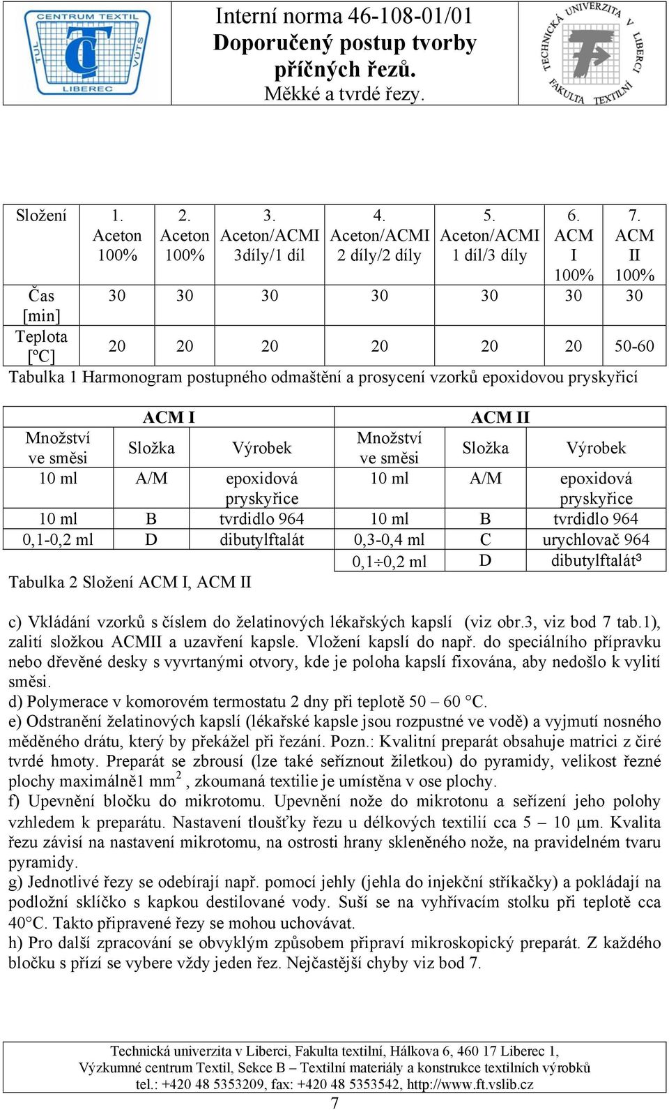 Harmonogram postupného odmaštění a prosycení vzorků epoxidovou pryskyřicí ACM I ACM II Množství Množství Složka Výrobek ve směsi ve směsi Složka Výrobek 10 ml A/M epoxidová pryskyřice 10 ml A/M