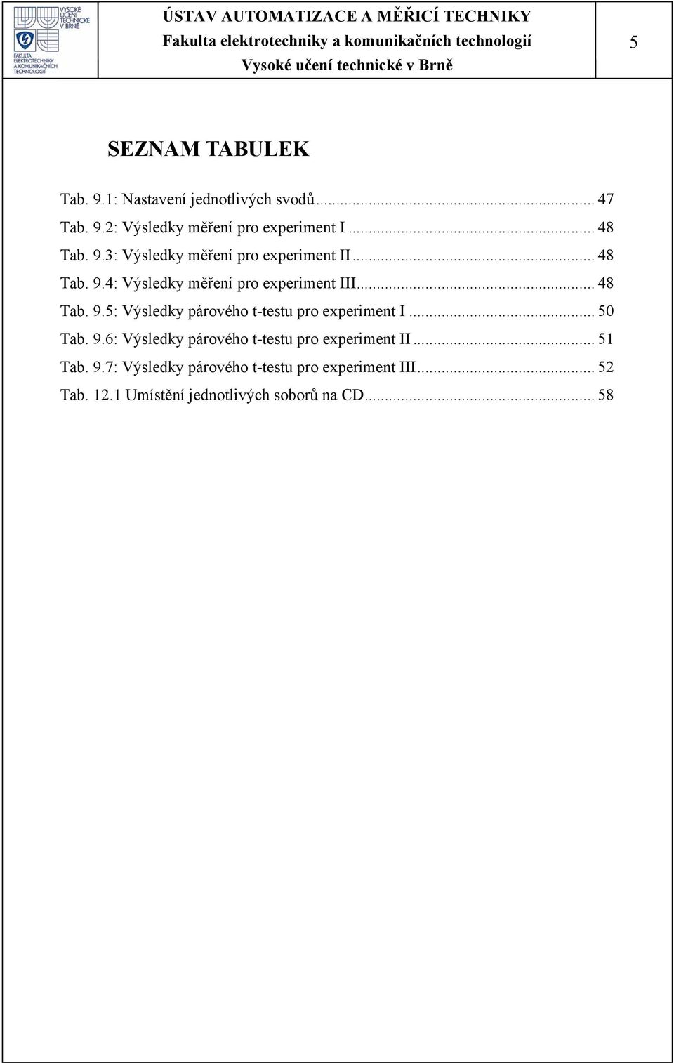 .. 50 Tab. 9.6: Výsledky párového t-testu pro experiment II... 51 Tab. 9.7: Výsledky párového t-testu pro experiment III.