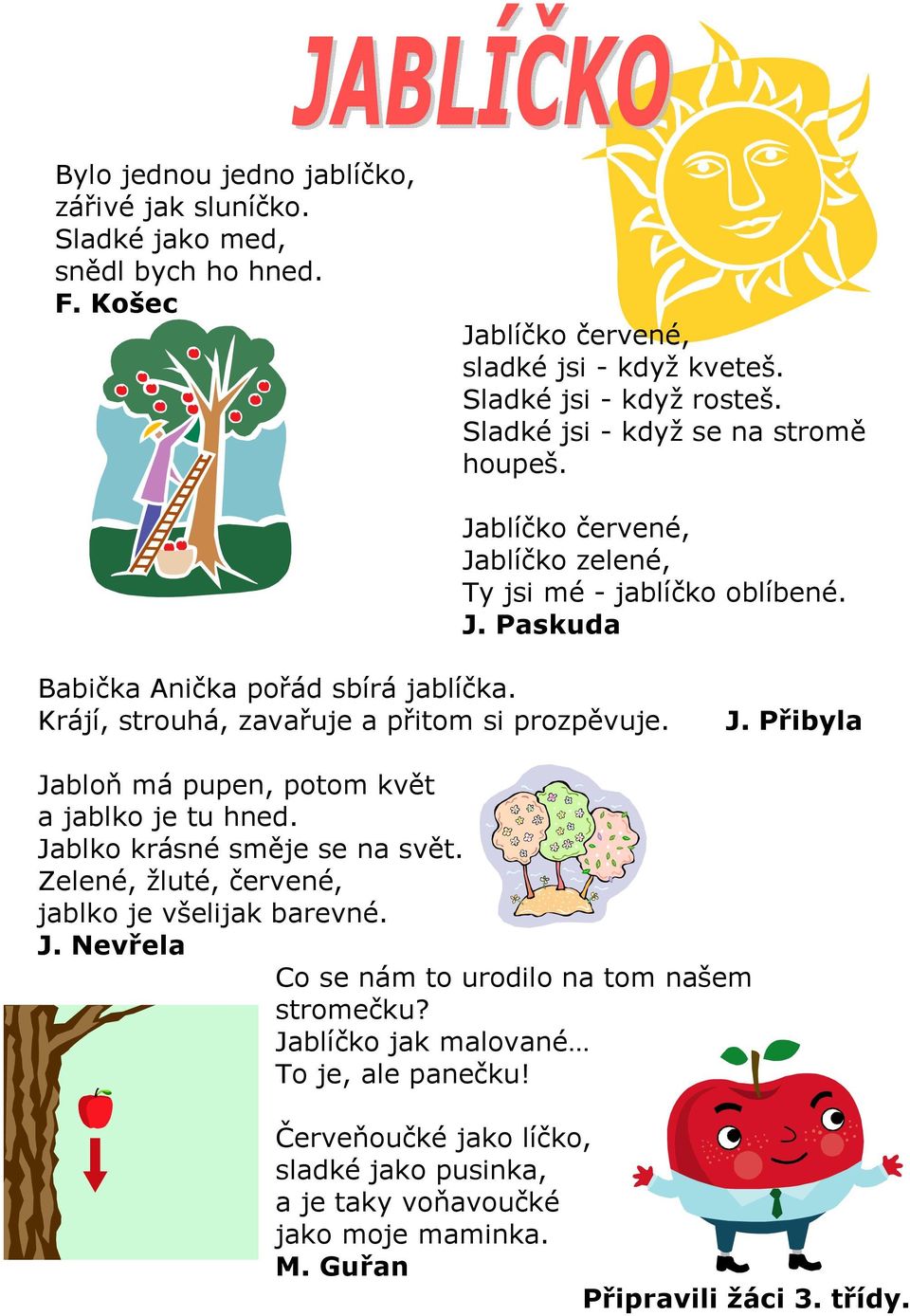 Krájí, strouhá, zavařuje a přitom si prozpěvuje. J. Přibyla Jabloň má pupen, potom květ a jablko je tu hned. Jablko krásné směje se na svět.