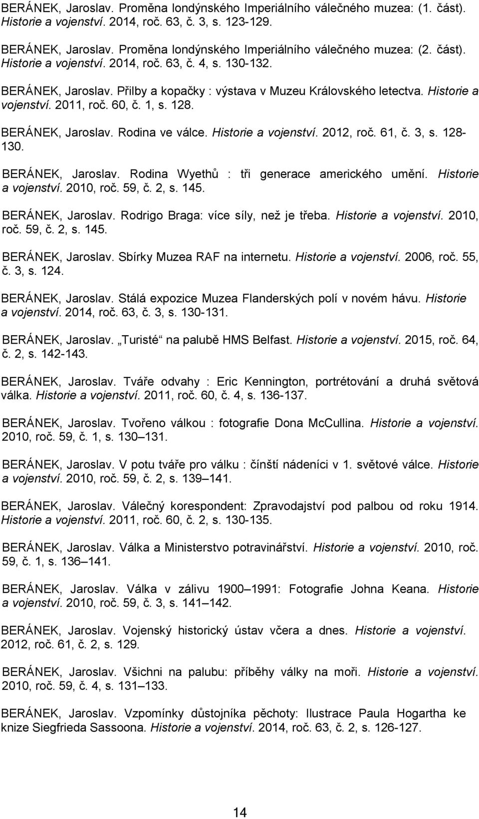 Historie a vojenství. 2011, roč. 60, č. 1, s. 128. BERÁNEK, Jaroslav. Rodina ve válce. Historie a vojenství. 2012, roč. 61, č. 3, s. 128-130. BERÁNEK, Jaroslav. Rodina Wyethů : tři generace amerického umění.