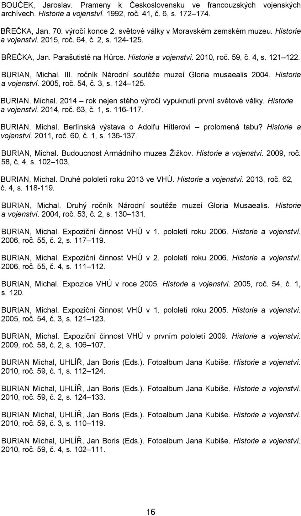 BURIAN, Michal. III. ročník Národní soutěže muzeí Gloria musaealis 2004. Historie a vojenství. 2005, roč. 54, č. 3, s. 124 125. BURIAN, Michal.