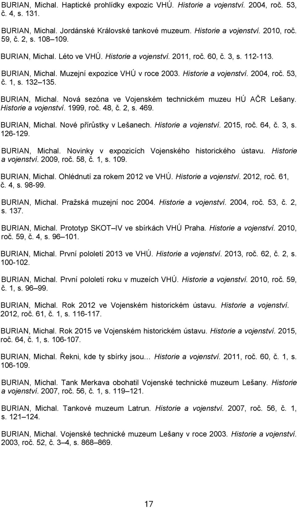 BURIAN, Michal. Nová sezóna ve Vojenském technickém muzeu HÚ AČR Lešany. Historie a vojenství. 1999, roč. 48, č. 2, s. 469. BURIAN, Michal. Nové přírůstky v Lešanech. Historie a vojenství. 2015, roč.