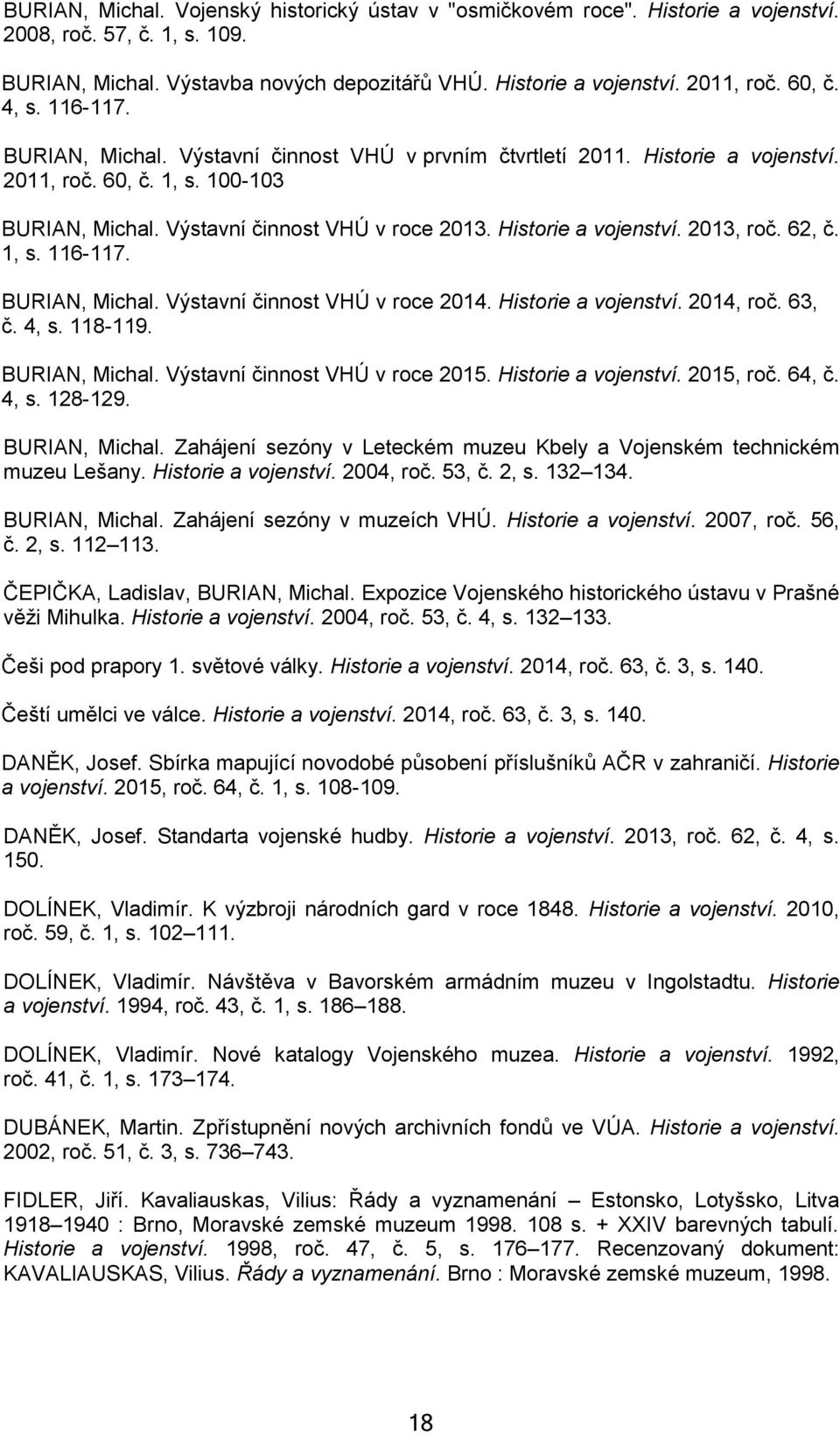 Historie a vojenství. 2013, roč. 62, č. 1, s. 116-117. BURIAN, Michal. Výstavní činnost VHÚ v roce 2014. Historie a vojenství. 2014, roč. 63, č. 4, s. 118-119. BURIAN, Michal. Výstavní činnost VHÚ v roce 2015.