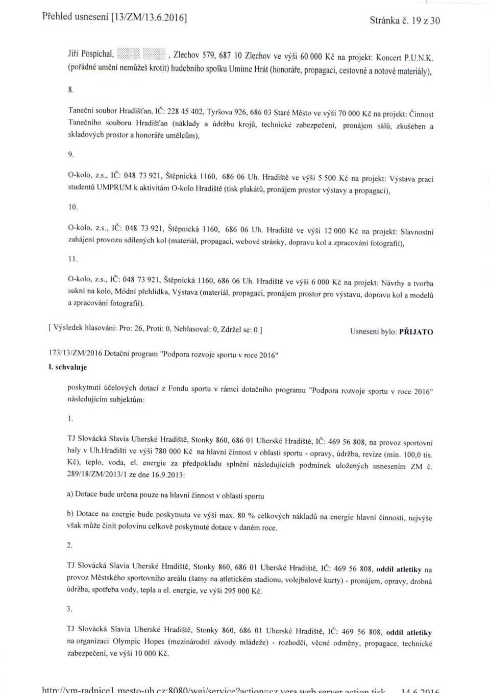 Taneční soubor Hradišťan, IČ: 228 45 402, Tyršova 926, 686 03 Staré M ěsto ve výši 70 000 K č na projekt: Činnost Tanečního souboru Hradišťan (náklady a údržbu kroj ů, technické zabezpe čení,