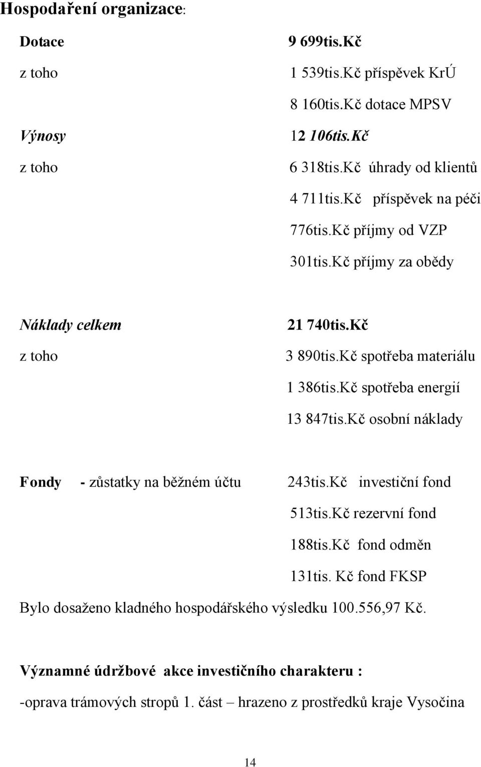 Kč spotřeba energií 13 847tis.Kč osobní náklady Fondy - zůstatky na běţném účtu 243tis.Kč investiční fond 513tis.Kč rezervní fond 188tis.Kč fond odměn 131tis.