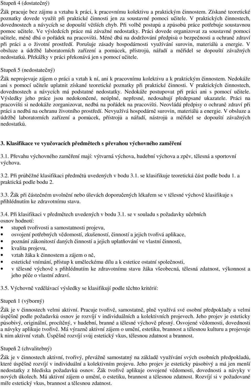 Při volbě postupů a způsobů práce potřebuje soustavnou pomoc učitele. Ve výsledcích práce má závažné nedostatky. Práci dovede organizovat za soustavné pomoci učitele, méně dbá o pořádek na pracovišti.