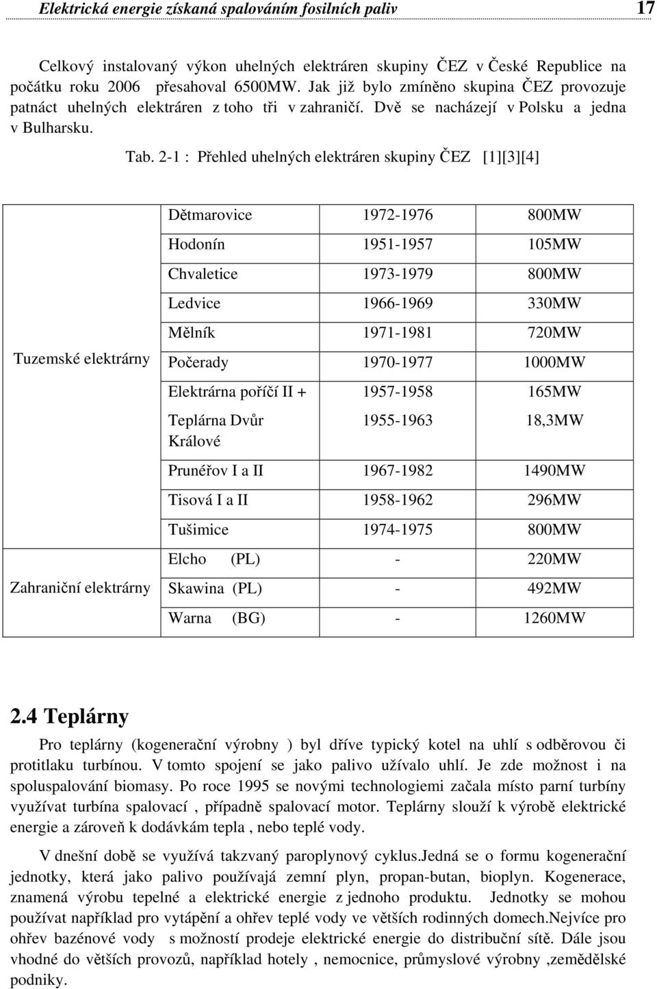 2-1 : Přehled uhelných elektráren skupiny ČEZ [1][3][4] Tuzemské elektrárny Zahraniční elektrárny Dětmarovice 1972-1976 800MW Hodonín 1951-1957 105MW Chvaletice 1973-1979 800MW Ledvice 1966-1969