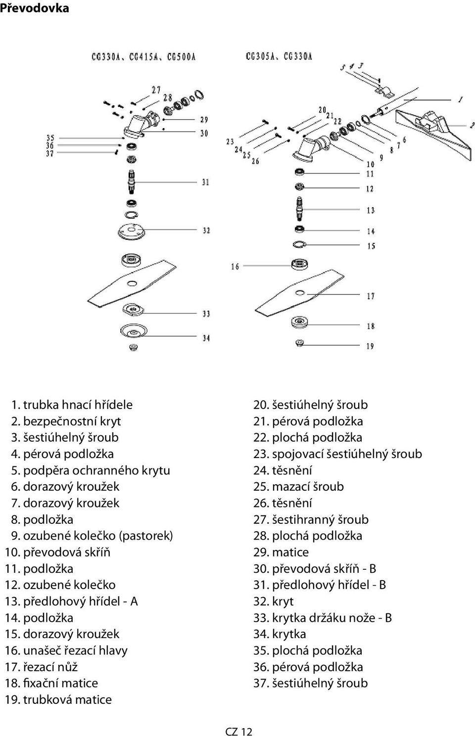 fixační matice 19. trubková matice 20. šestiúhelný šroub 21. pérová podložka 22. plochá podložka 23. spojovací šestiúhelný šroub 24. těsnění 25. mazací šroub 26. těsnění 27.