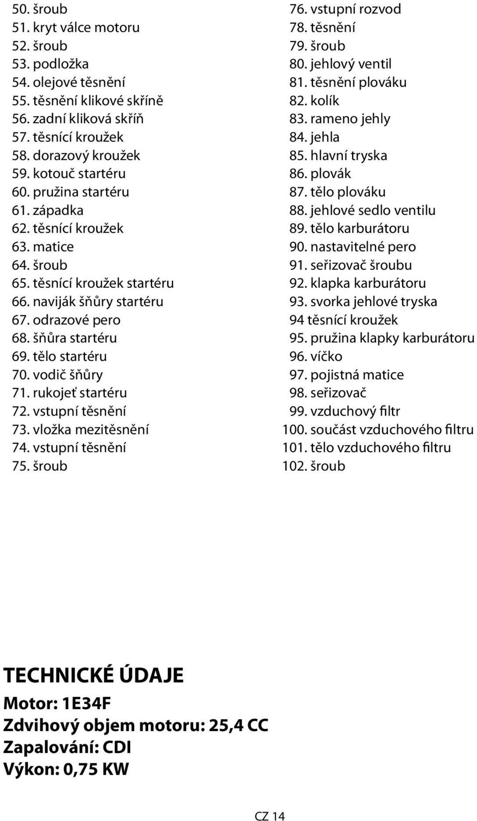 rukojeť startéru 72. vstupní těsnění 73. vložka mezitěsnění 74. vstupní těsnění 75. šroub 76. vstupní rozvod 78. těsnění 79. šroub 80. jehlový ventil 81. těsnění plováku 82. kolík 83. rameno jehly 84.