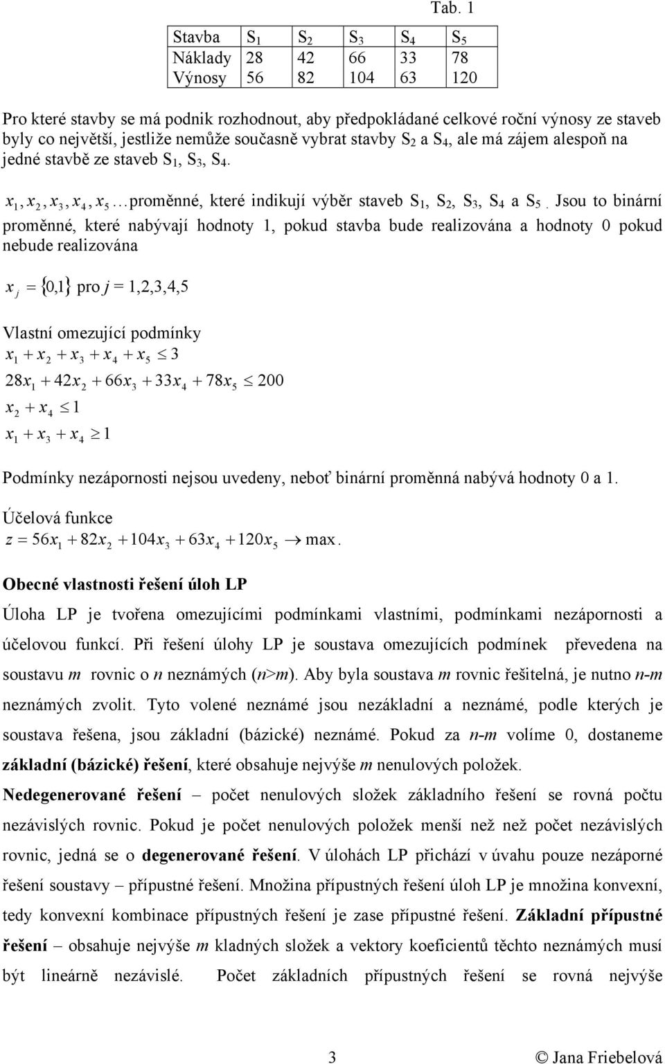 Jsou to nární,, 4, 5 proměnné, které naývaí hodnot, pokud stava ude realzována a hodnot pokud neude realzována {,} pro,,,4,5 Vlastní omezuící podmínk 8 4 4 4 66 4 5 4 78 5 Podmínk nezápornost nesou