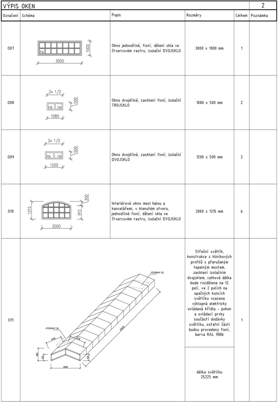 DVOJSKLO 2000 x 1215 mm 6 O11 Střešní světlík, konstrukce z hliníkových profilů s přerušeným tepelným mostem, zasklení izolačním dvojsklem, celková délka bude rozdělena na 12 polí, ve 2 polích