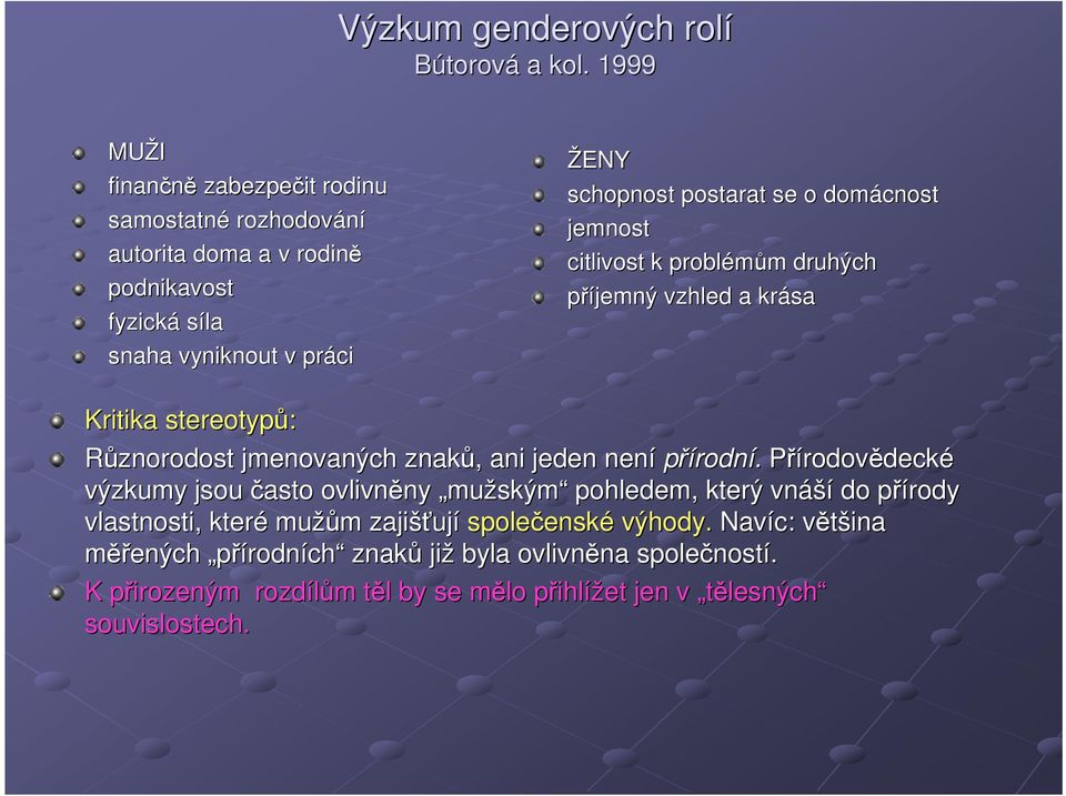 domácnost jemnost citlivost k problémům m druhých příjemný vzhled a krása Kritika stereotypů: Různorodost jmenovaných znaků,, ani jeden není přírodní.