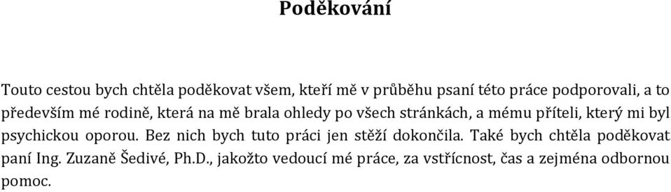 příteli, který mi byl psychickou oporou. Bez nich bych tuto práci jen stěží dokončila.