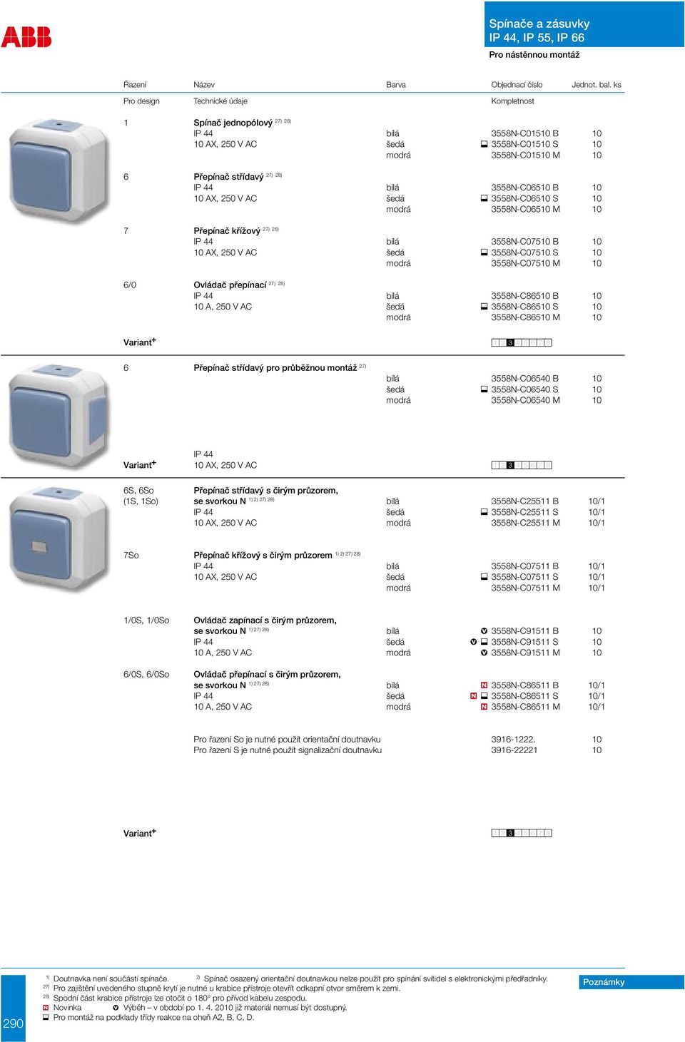 3558N-C86510 M 10 Variant + 6 Přepínač střídavý pro průběžnou montáž bílá 3558N-C06540 B 10 šedá 3558N-C06540 S 10 modrá 3558N-C06540 M 10 Variant + 6S, 6So Přepínač střídavý s čirým průzorem, (1S,