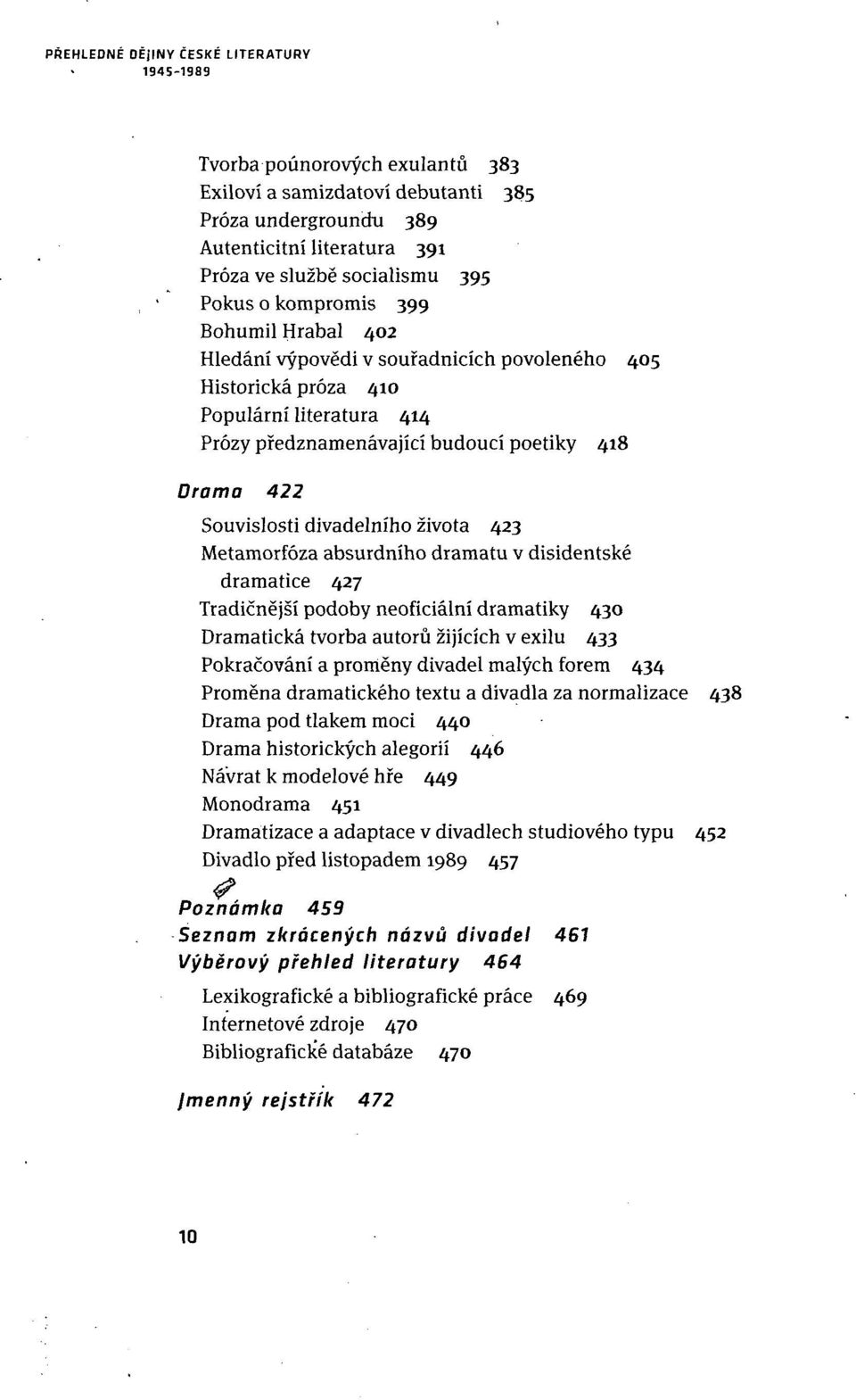 divadelního života 423 Metamorfóza absurdního dramatu v disidentské dramatice 427 Tradičnější podoby neoficiální dramatiky 430 Dramatická tvorba autorů žijících v exilu 433 Pokračování a proměny