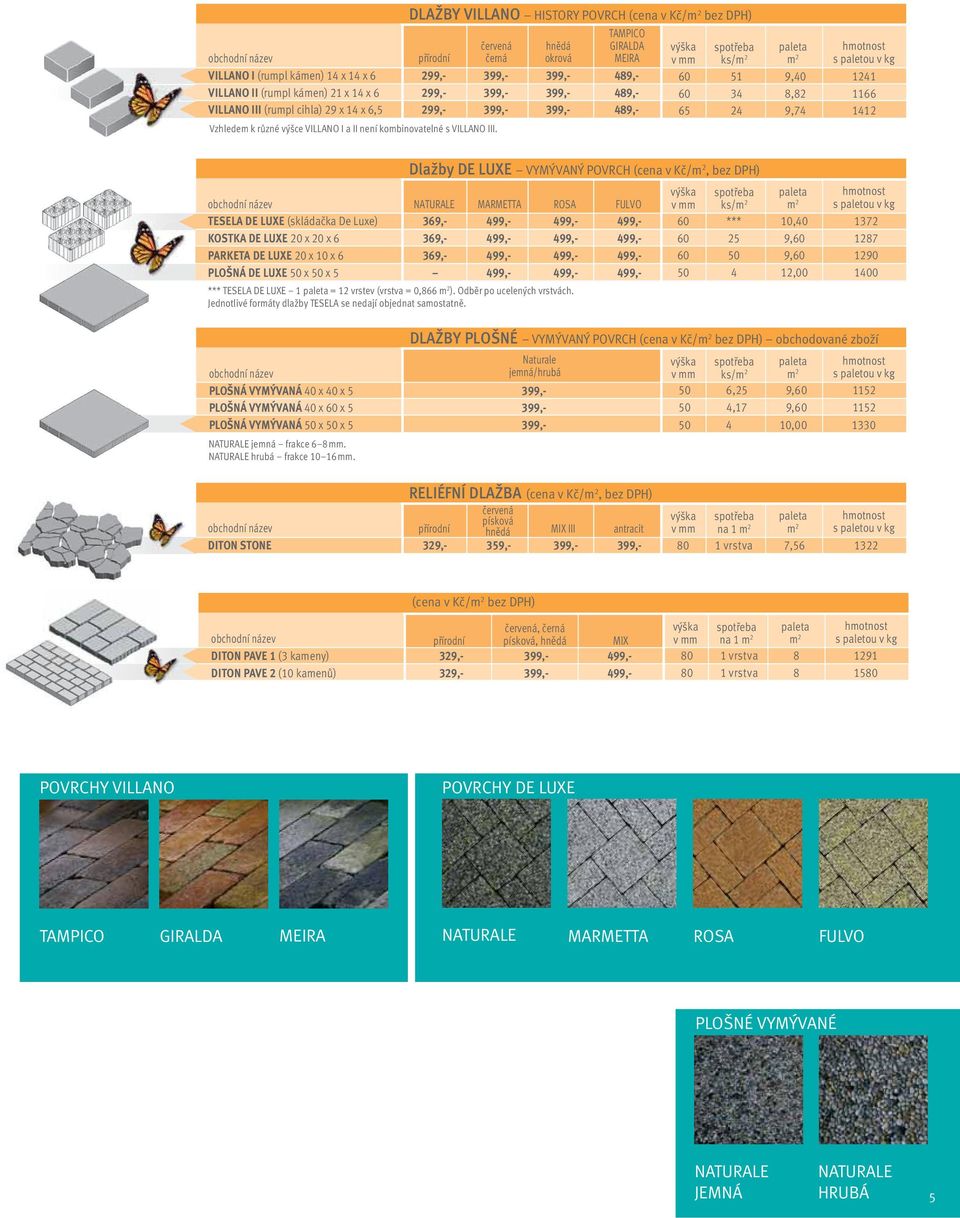 ks/m 2 m 2 60 51 9,40 1241 60 34 8,82 1166 65 24 9,74 1412 Dlažby DE UXE VYMÝVANÝ POVRCH (cena v Kč/m 2, bez DPH) NATURAE MARMETTA ROSA FUVO TESEA DE UXE (skládačka De uxe) 369,- 499,- 499,- 499,-
