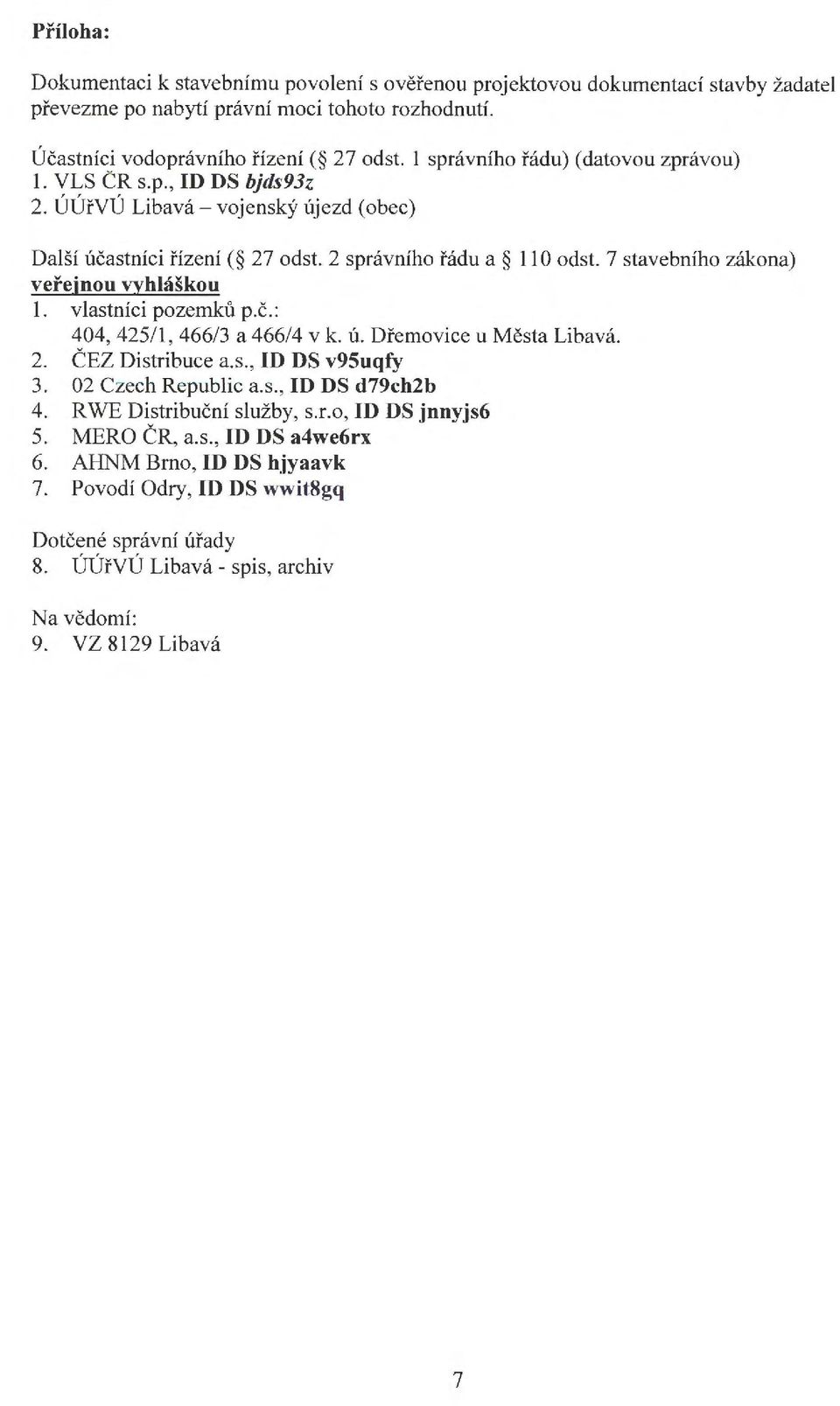 7 stavebního zákona) veřejnou vyhláškou 1. vlastníci pozemků p. č.: 404, 425/l, 466/3 a 466/4 v k. ú. Dřemovice u Města Libavá. 2. ČEZ Distribuce a.s., ID DS v95uqfy 3. 02 Czech Republic a. s., ID DS d79ch2b 4.