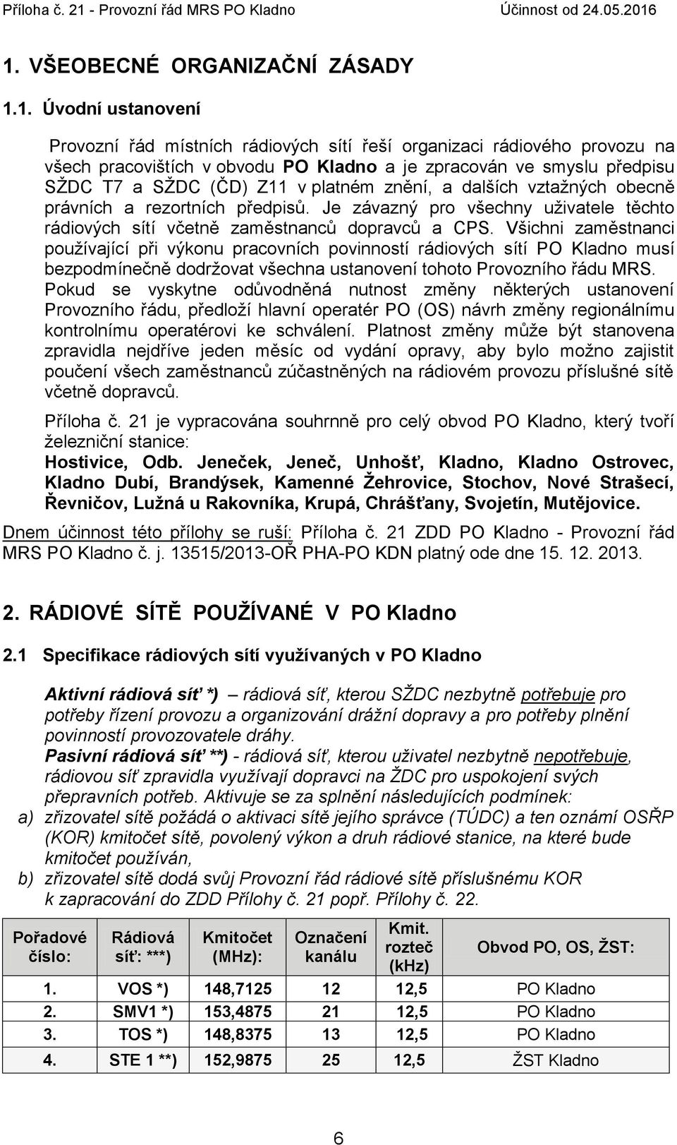 Všichni zaměstnanci používající při výkonu pracovních povinností rádiových sítí PO Kladno musí bezpodmínečně dodržovat všechna ustanovení tohoto Provozního řádu MRS.