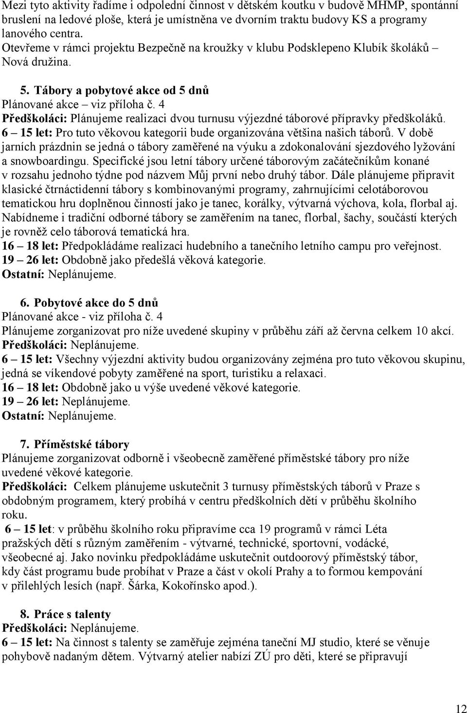 4 Předškoláci: Plánujeme realizaci dvou turnusu výjezdné táborové přípravky předškoláků. 6 15 let: Pro tuto věkovou kategorii bude organizována většina našich táborů.