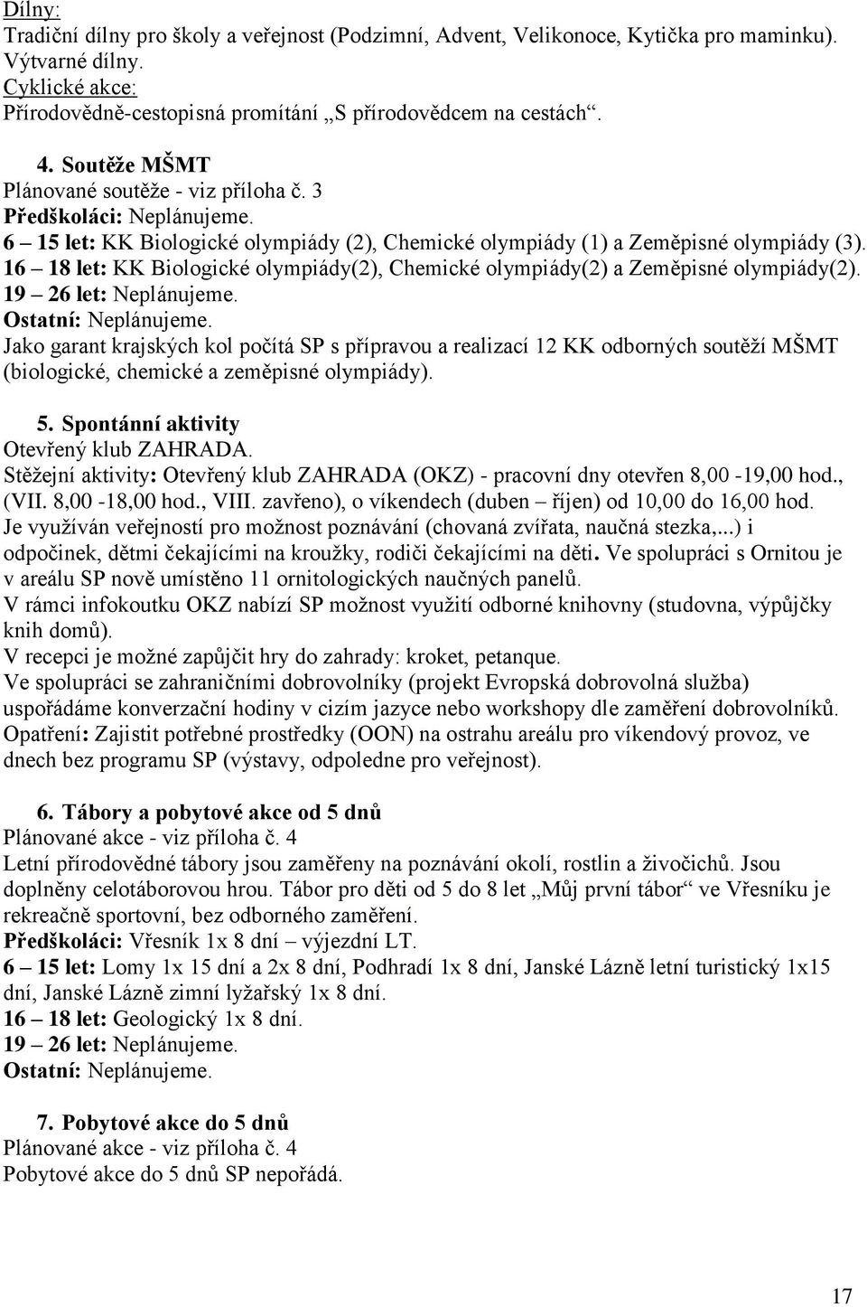 16 18 let: KK Biologické olympiády(2), Chemické olympiády(2) a Zeměpisné olympiády(2). 19 26 let: Neplánujeme. Ostatní: Neplánujeme.