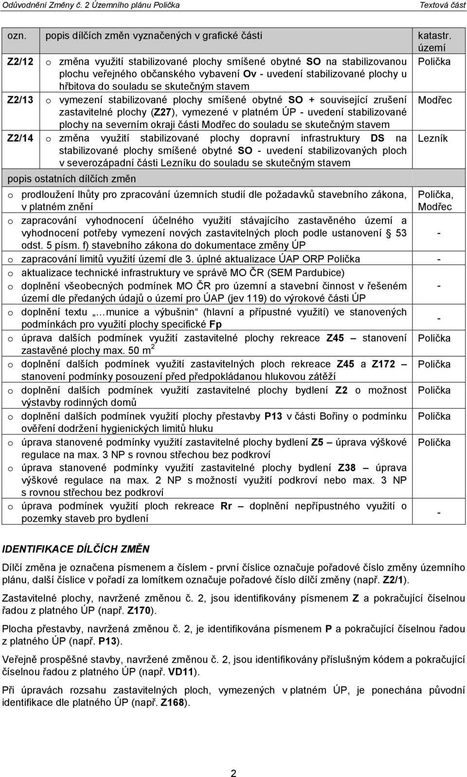 stavem Z2/13 o vymezení stabilizované plochy smíšené obytné SO + související zrušení Modřec zastavitelné plochy (Z27), vymezené v platném ÚP - uvedení stabilizované plochy na severním okraji části