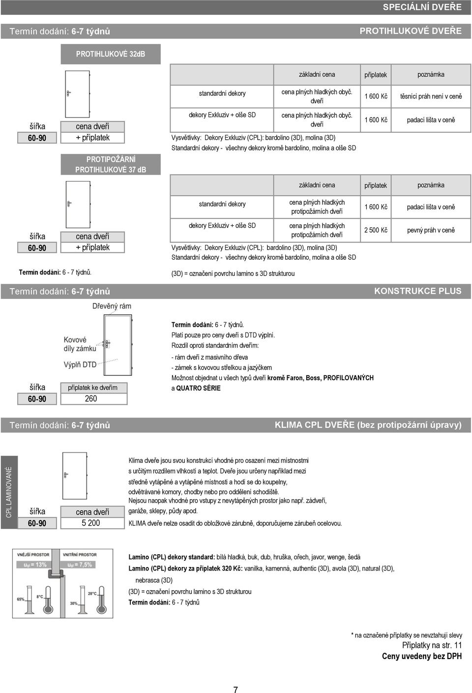 6090 cena dveří + příplatek dveří Vysvětlivky: Dekory Exkluziv (): bardolino (3D), molina (3D) Standardní dekory všechny dekory kromě bardolino, molina a olše SD PROTIPOŽÁRNÍ PROTIHLUKOVÉ 37 db