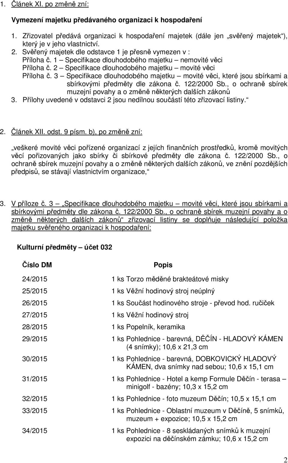 3 Specifikace dlouhodobého majetku movité věci, které jsou sbírkami a sbírkovými předměty dle zákona č. 122/2000 Sb., o ochraně sbírek muzejní povahy a o změně některých dalších zákonů 3.