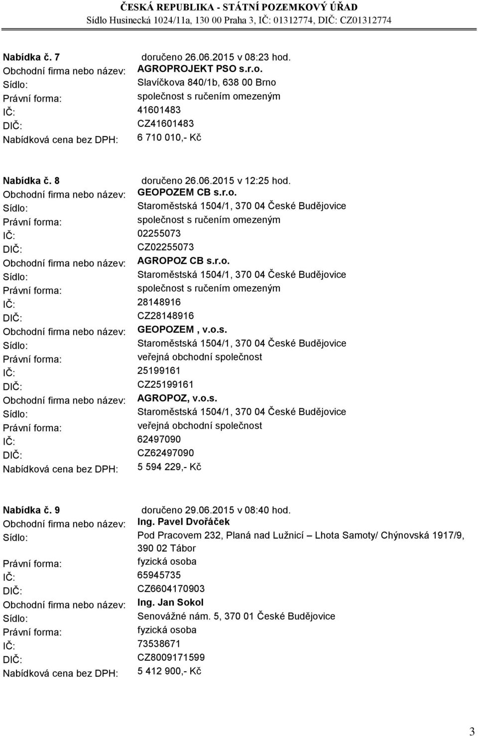 o.s. veřejná obchodní společnost IČ: 25199161 CZ25199161 Obchodní firma nebo název: AGROPOZ, v.o.s. veřejná obchodní společnost IČ: 62497090 CZ62497090 Nabídková cena bez DPH: 5 594 229,- Kč Nabídka č.