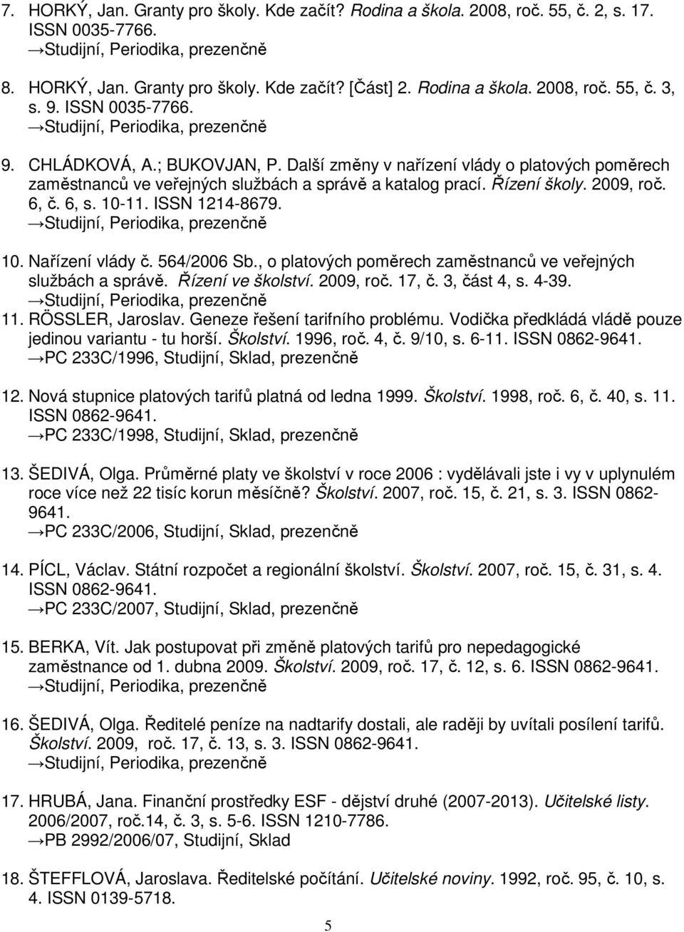 ISSN 1214-8679. 10. Nařízení vlády č. 564/2006 Sb., o platových poměrech zaměstnanců ve veřejných službách a správě. Řízení ve školství. 2009, roč. 17, č. 3, část 4, s. 4-39. 11. RÖSSLER, Jaroslav.