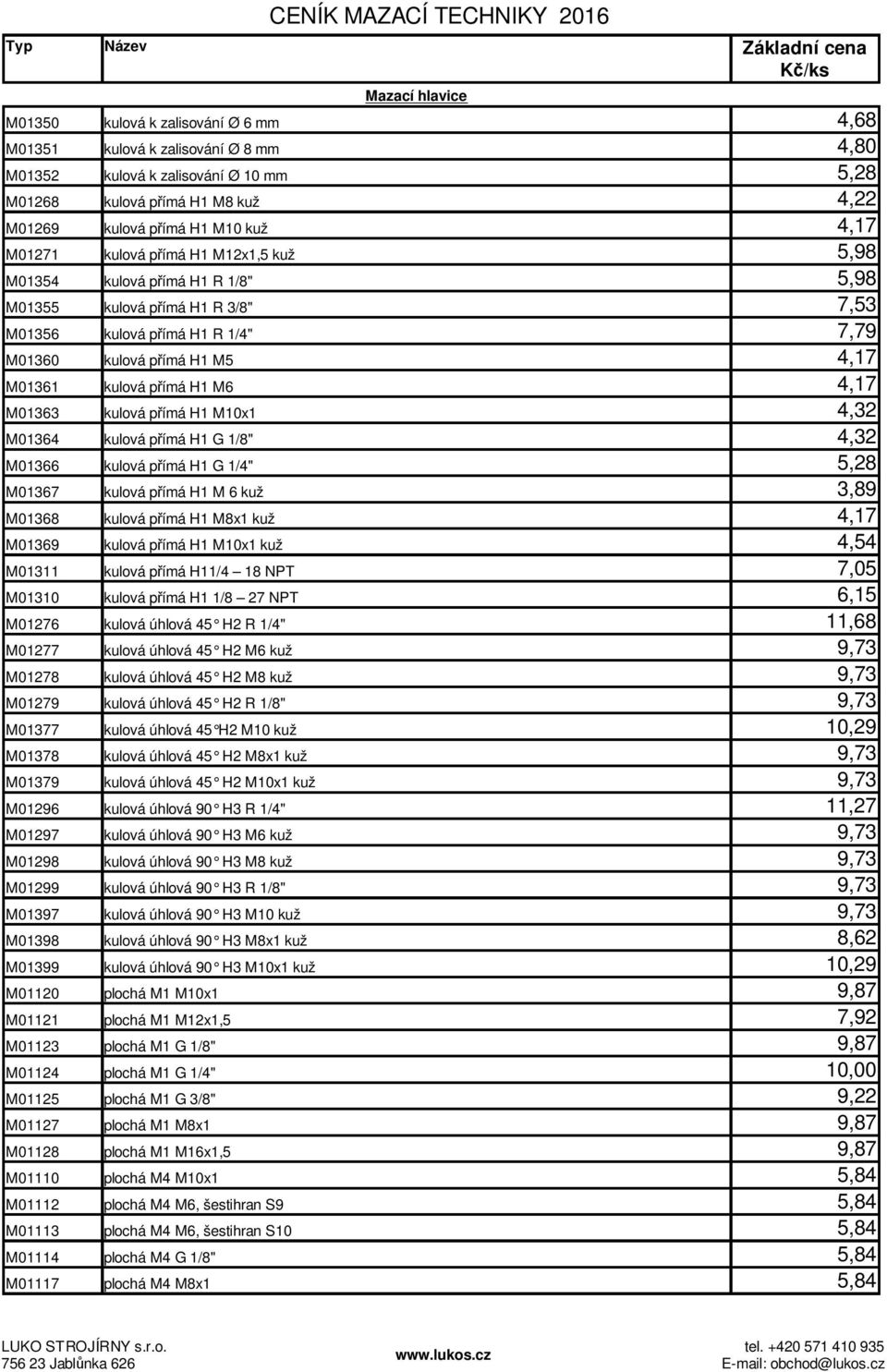 přímá H1 M6 4,17 M01363 kulová přímá H1 M10x1 4,32 M01364 kulová přímá H1 G 1/8" 4,32 M01366 kulová přímá H1 G 1/4" 5,28 M01367 kulová přímá H1 M 6 kuž 3,89 M01368 kulová přímá H1 M8x1 kuž 4,17