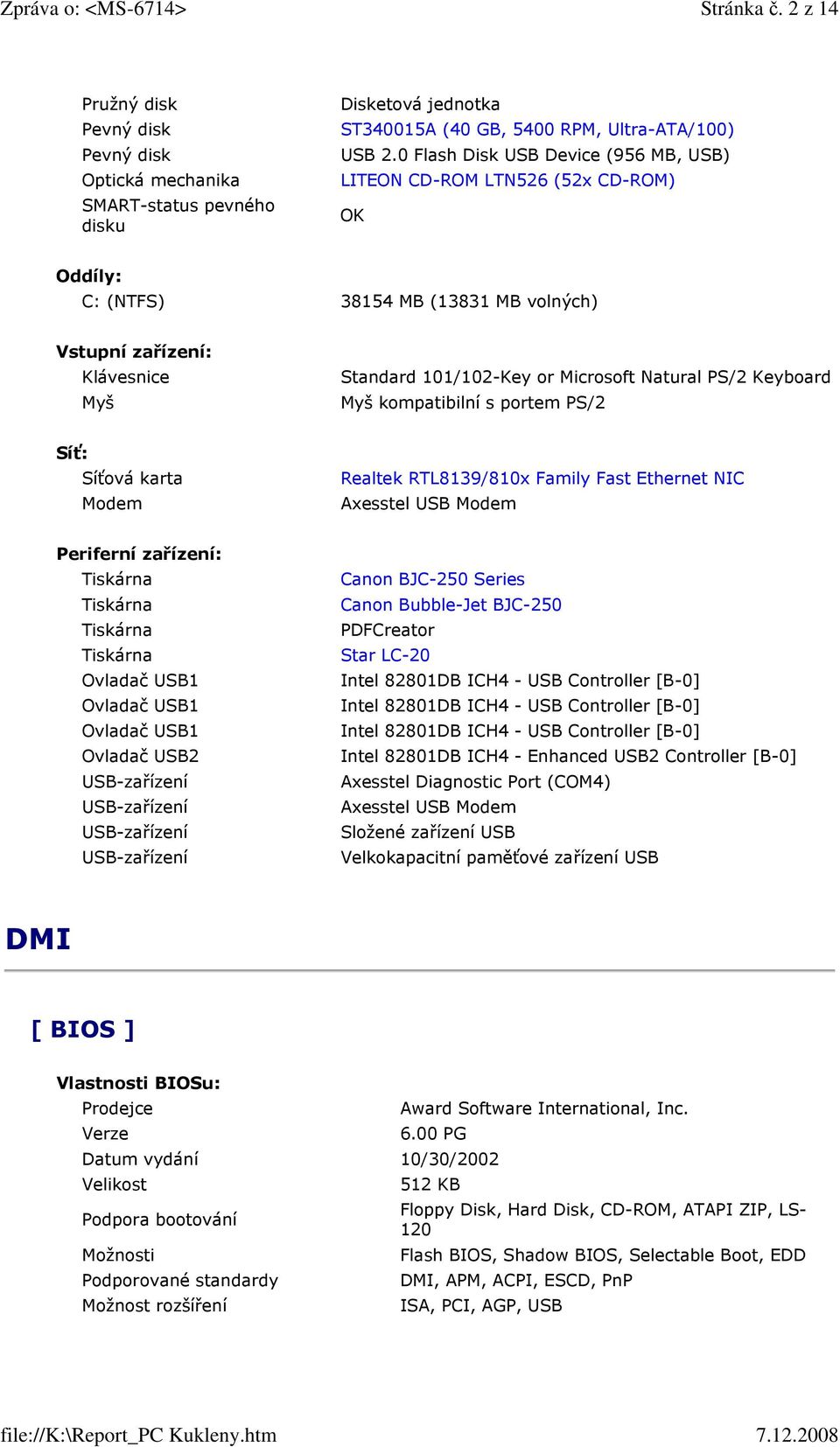 PS/2 Keyboard Myš kompatibilní s portem PS/2 Síť: Síťová karta Modem Realtek RTL8139/810x Family Fast Ethernet NIC Axesstel USB Modem Periferní zařízení: Tiskárna Tiskárna Tiskárna Tiskárna Ovladač