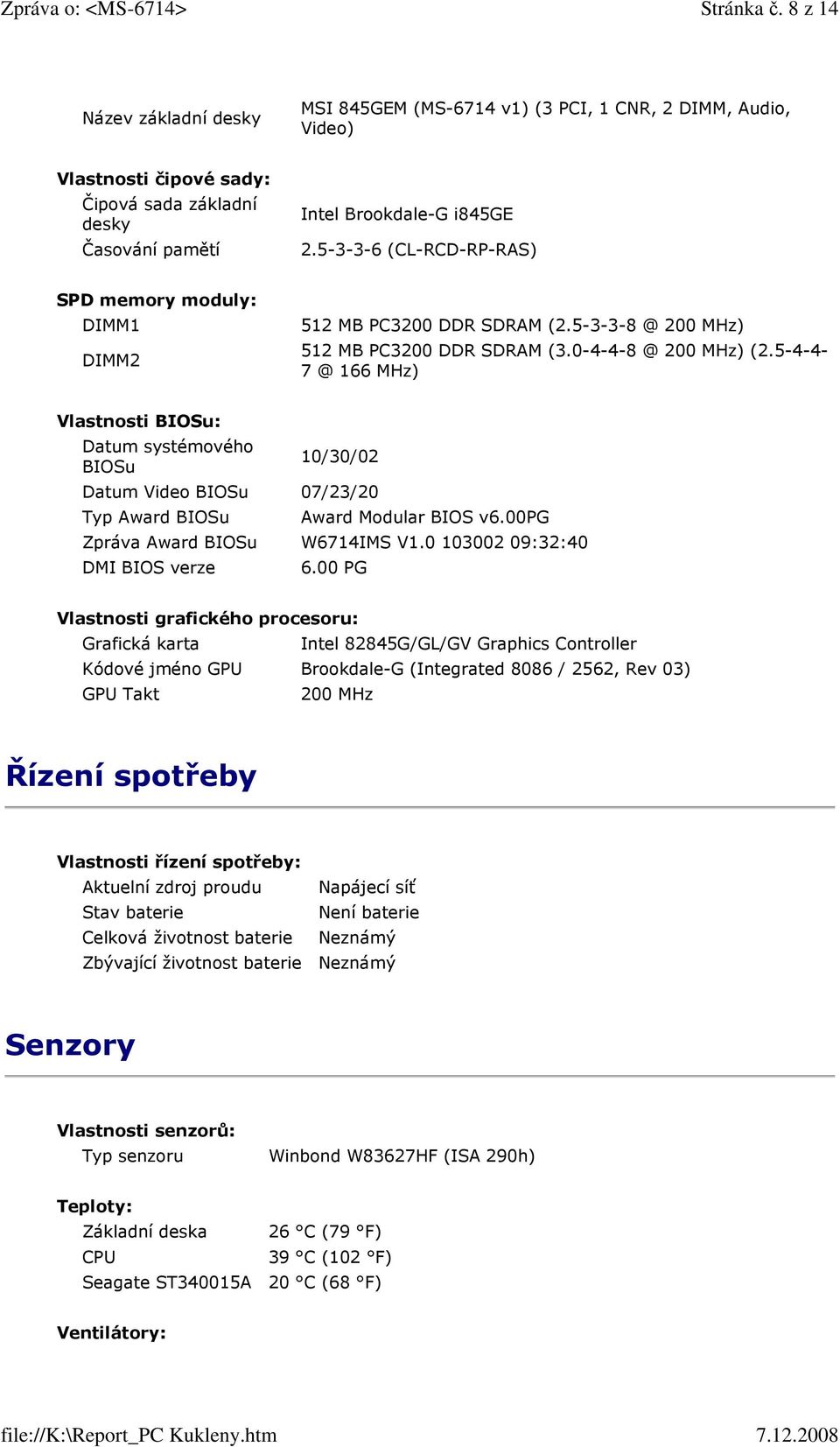 5-4-4-7 @ 166 MHz) Vlastnosti BIOSu: Datum systémového BIOSu 10/30/02 Datum Video BIOSu 07/23/20 Typ Award BIOSu Award Modular BIOS v6.00pg Zpráva Award BIOSu W6714IMS V1.