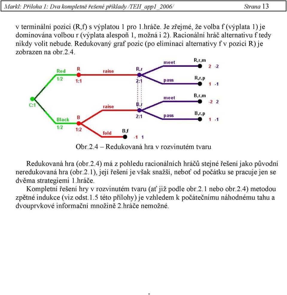 Redukovaný graf pozic (po eliminaci alternativy f v pozici R) je zobrazen na obr.2.4. Obr.2.4 Redukovaná hra v rozvinutém tvaru Redukovaná hra (obr.2.4) má z pohledu racionálních hráčů stejné řešení jako původní neredukovaná hra (obr.