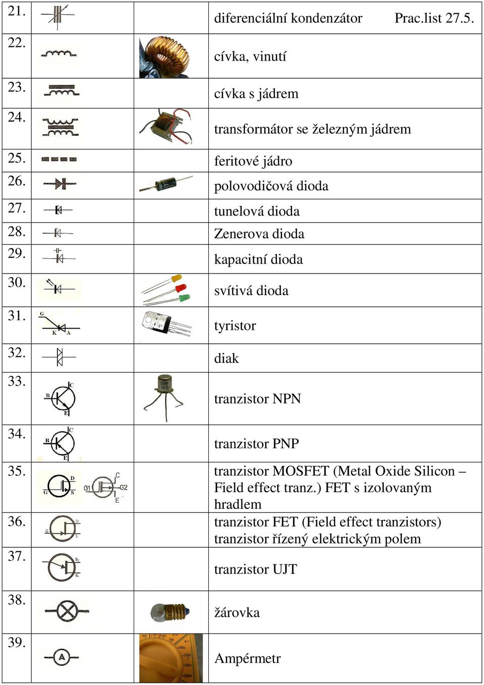 tyristor 32. diak 33. 34. tranzistor NPN tranzistor PNP 35. tranzistor MOSFET (Metal Oxide Silicon Field effect tranz.