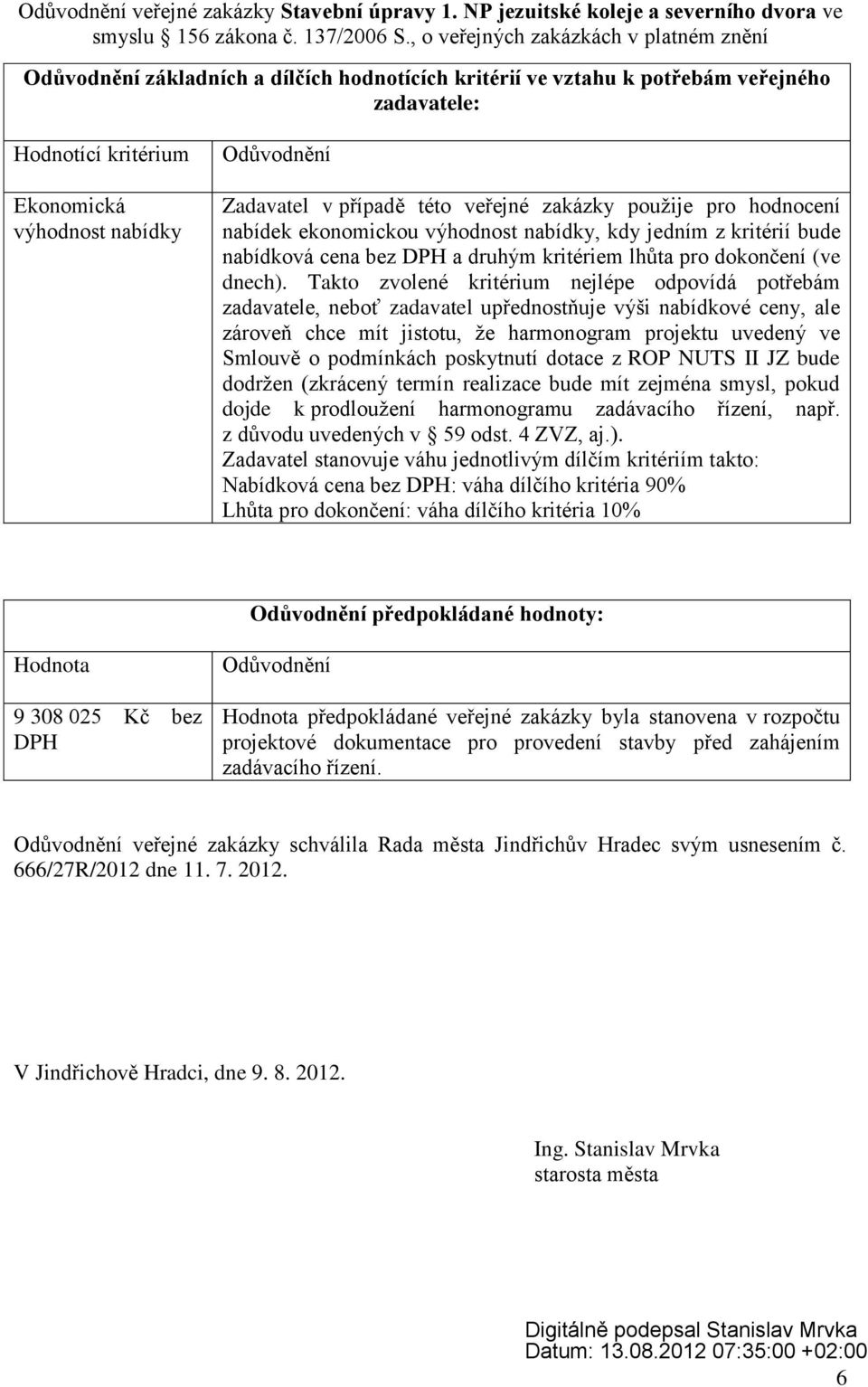 veřejné zakázky použije pro hodnocení nabídek ekonomickou výhodnost nabídky, kdy jedním z kritérií bude nabídková cena bez DPH a druhým kritériem lhůta pro dokončení (ve dnech).