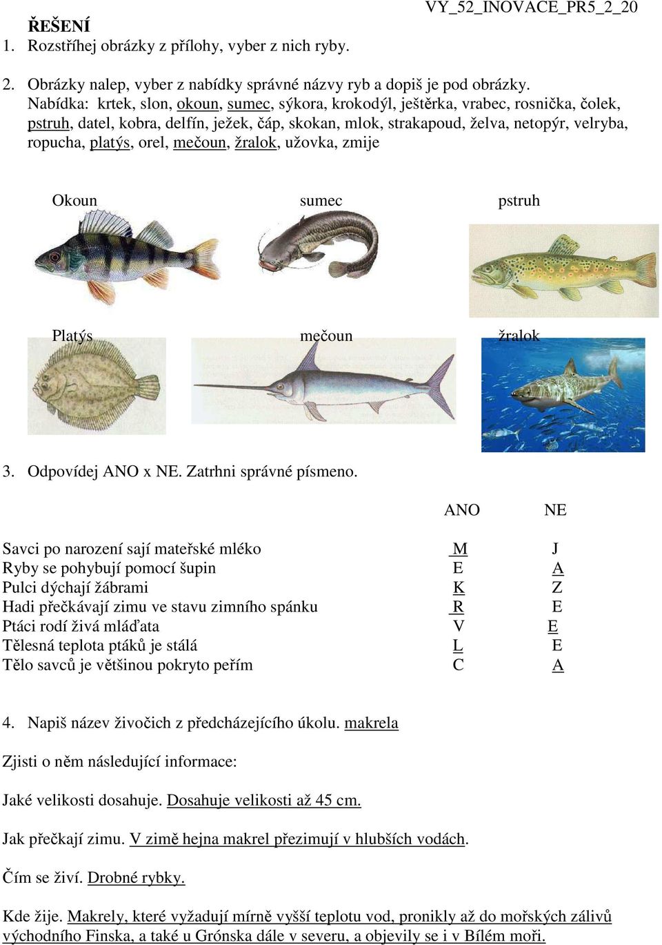 orel, mečoun, žralok, užovka, zmije Okoun sumec pstruh Platýs mečoun žralok 3. Odpovídej ANO x NE. Zatrhni správné písmeno.